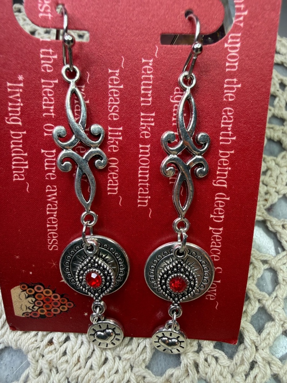Sterling-Tone Silver Dangle Earrings with Red Accent - Picture 3 of 3